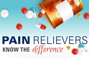 Orange_Pill_Bottle_Pours_Out_Various_Pills_Text_Says_Pain_Relievers_Know_the_Difference_On_Blue_and_White_Background