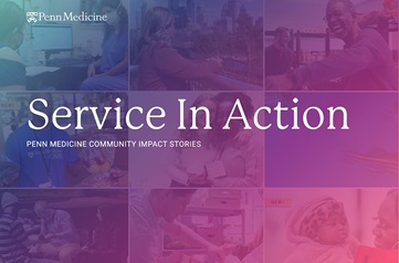 the words - Service in action - in white with nine pictures of people in a purple, pink, and blue background