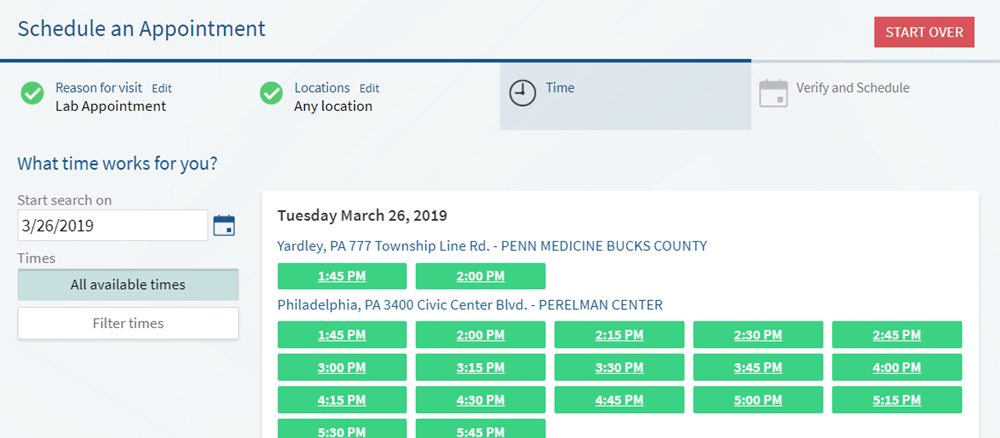 myPennMedicine Screenshot of Schedule an Appointment Page
