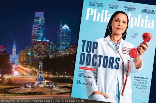 Philadelphia Magazine Top Docs magazine cover art layered on top of Philadelphia skyline at dark from Art Museum view