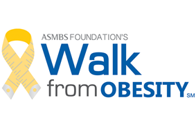 blue text with a gold measuring tape ribbon logo that says ASMBS Foundation's Walk from Obesity
