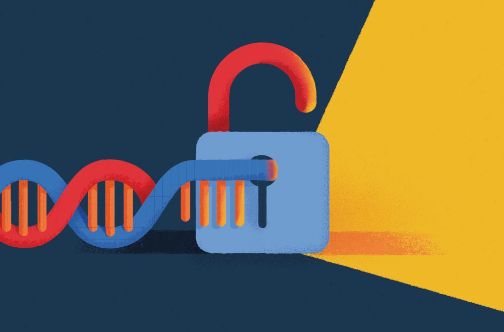 red, orange, and blue MRNA sequence going in to a blue and red lock that is opening