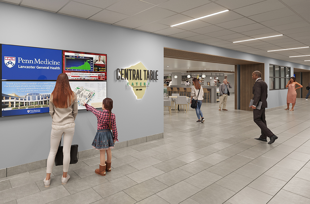Architectural rendering of cafeteria and visitors viewed from outside the entrance looking in. A sign on the wall reads “Central Table Eatery.”