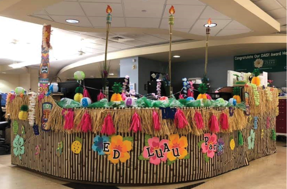 Nurse station decorated in a colorful luau theme