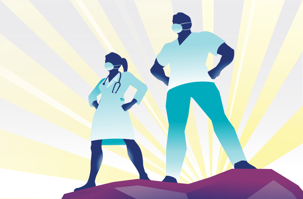Illustration of two health care workers, male and female, each standing in a heroic pose