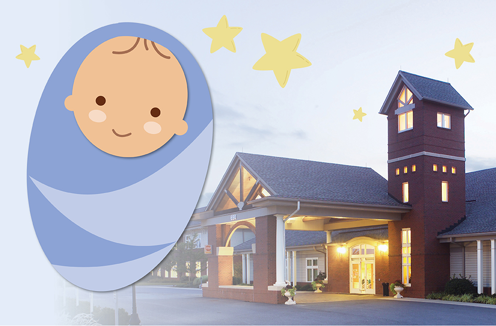 Graphic of happy baby with hospital in the background