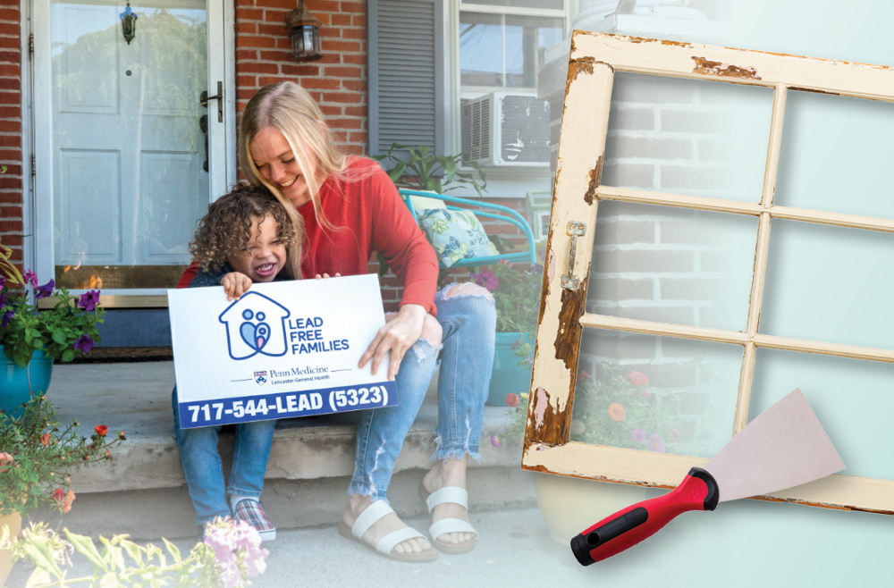 Collage of a photo of Mother, Kelly Key, and her son, Levi Miller, sitting outside on the steps of their front porch with another photo of a window with chipping paint and a hand scraper.